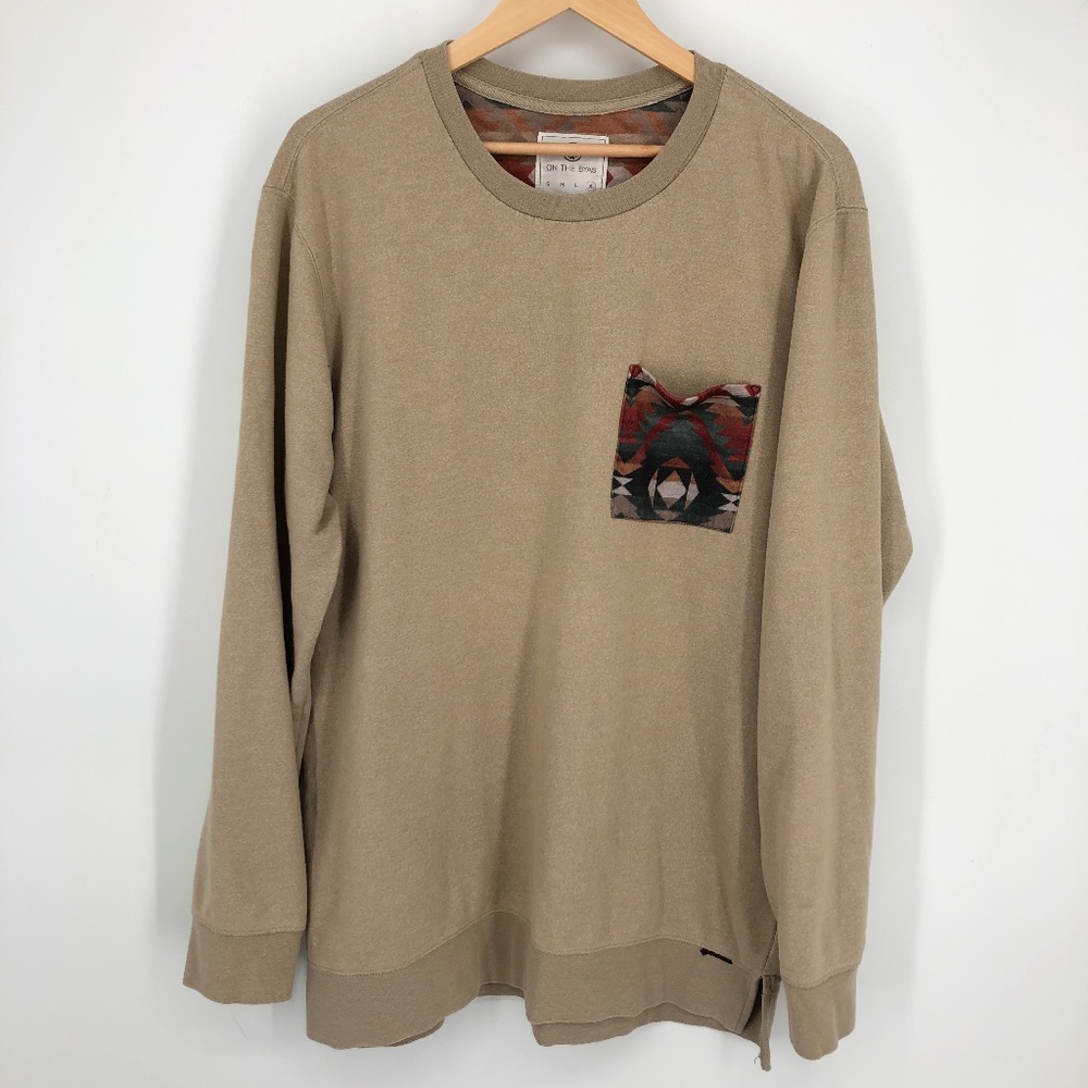 On the Byas‎ Mens Sweatshirt Size XL Tan Tribal Pocket Pullover Crewneck Slits